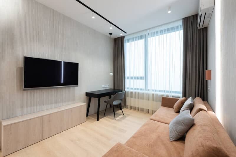High-end rental apartment interior with city views